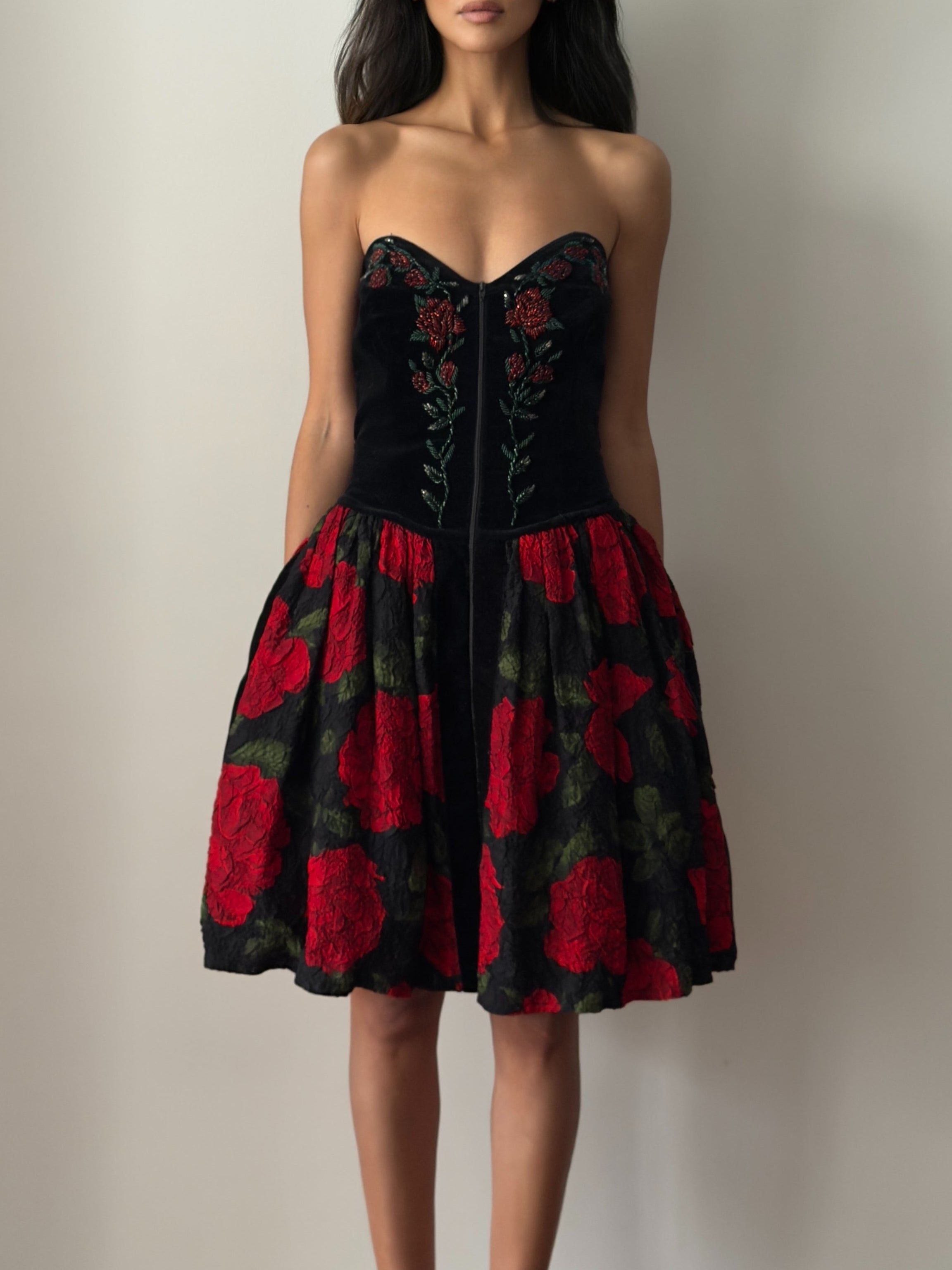 Blumarine FW1991 Black Red Velvet Bustier Dress
