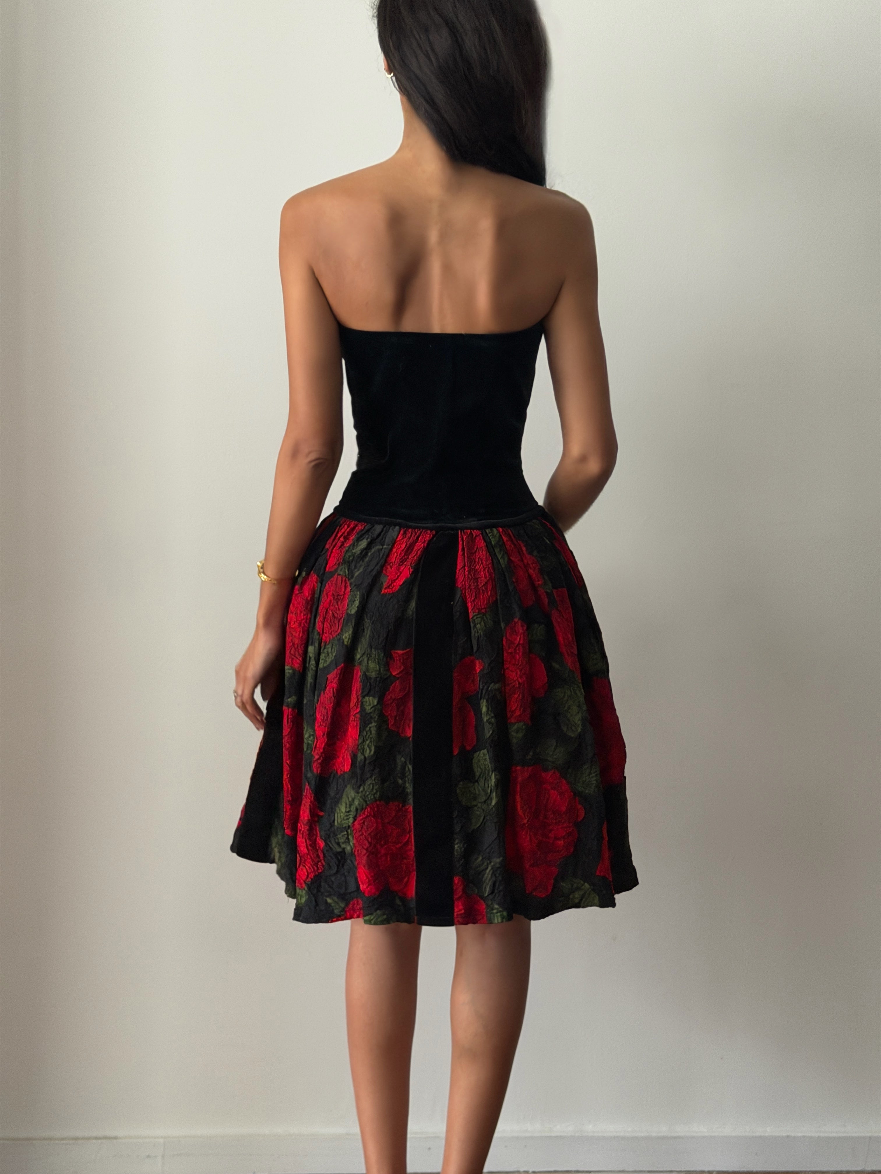Blumarine FW1991 Black Red Velvet Bustier Dress