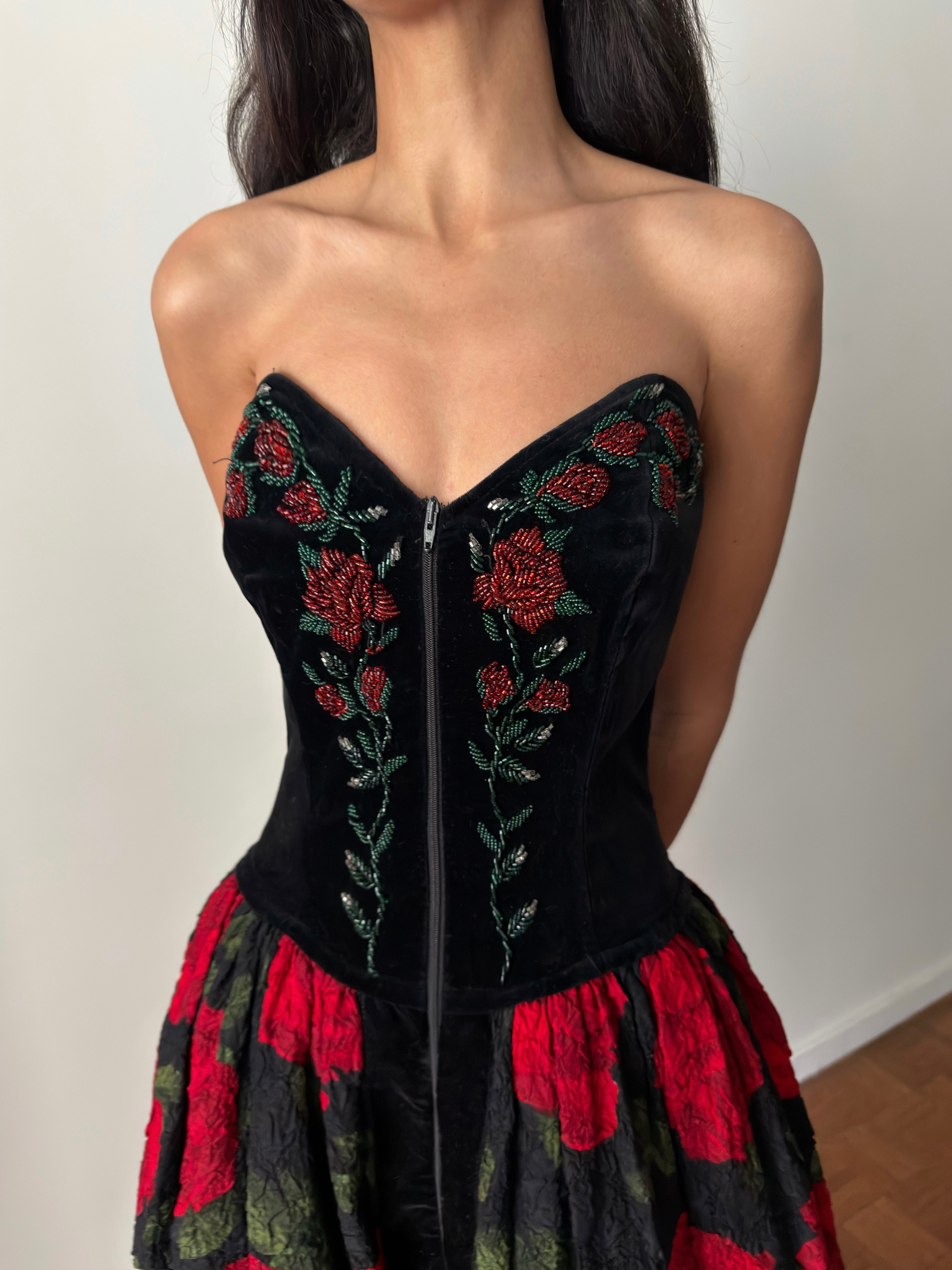 Blumarine FW1991 Black Red Velvet Bustier Dress
