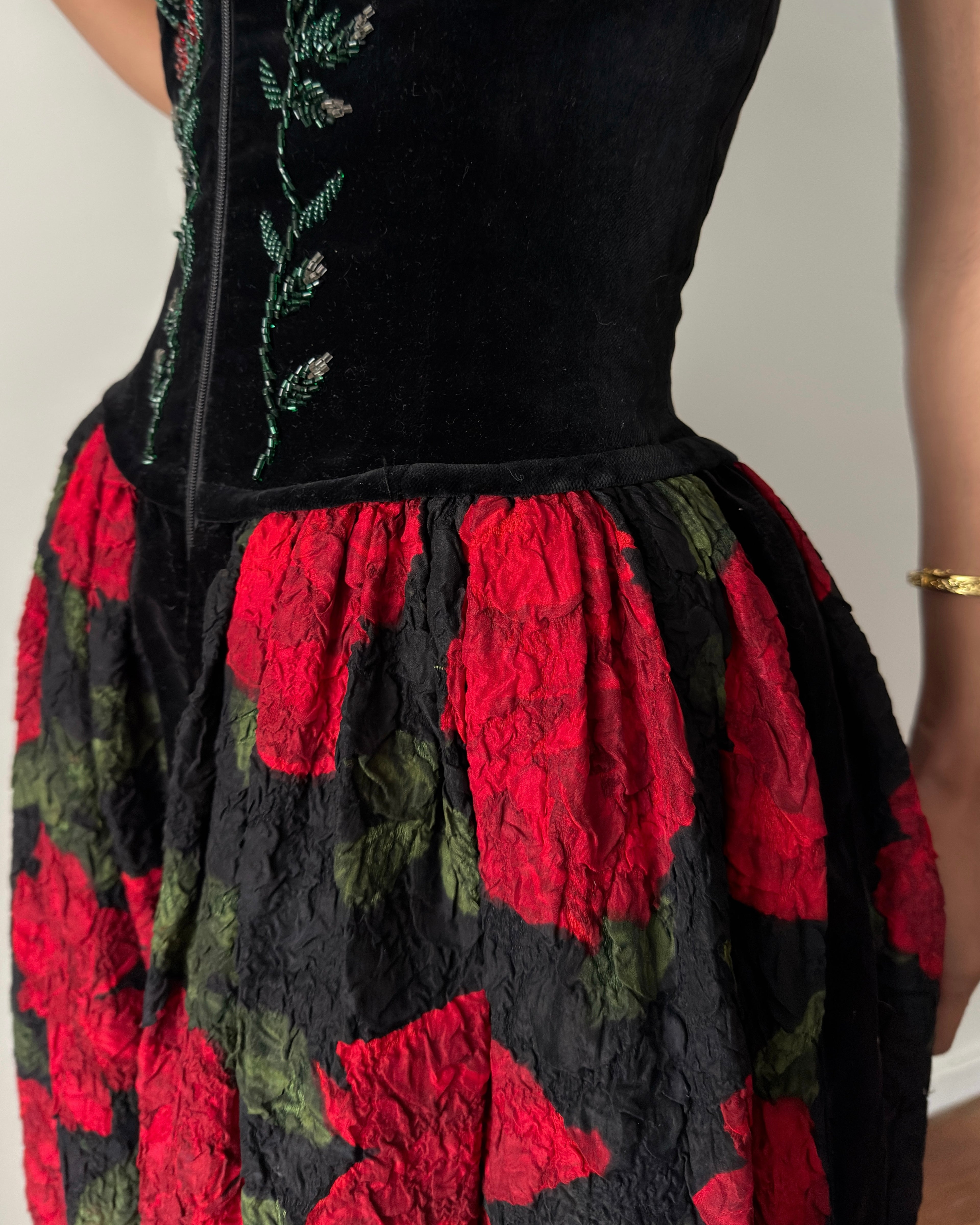 Blumarine FW1991 Black Red Velvet Bustier Dress