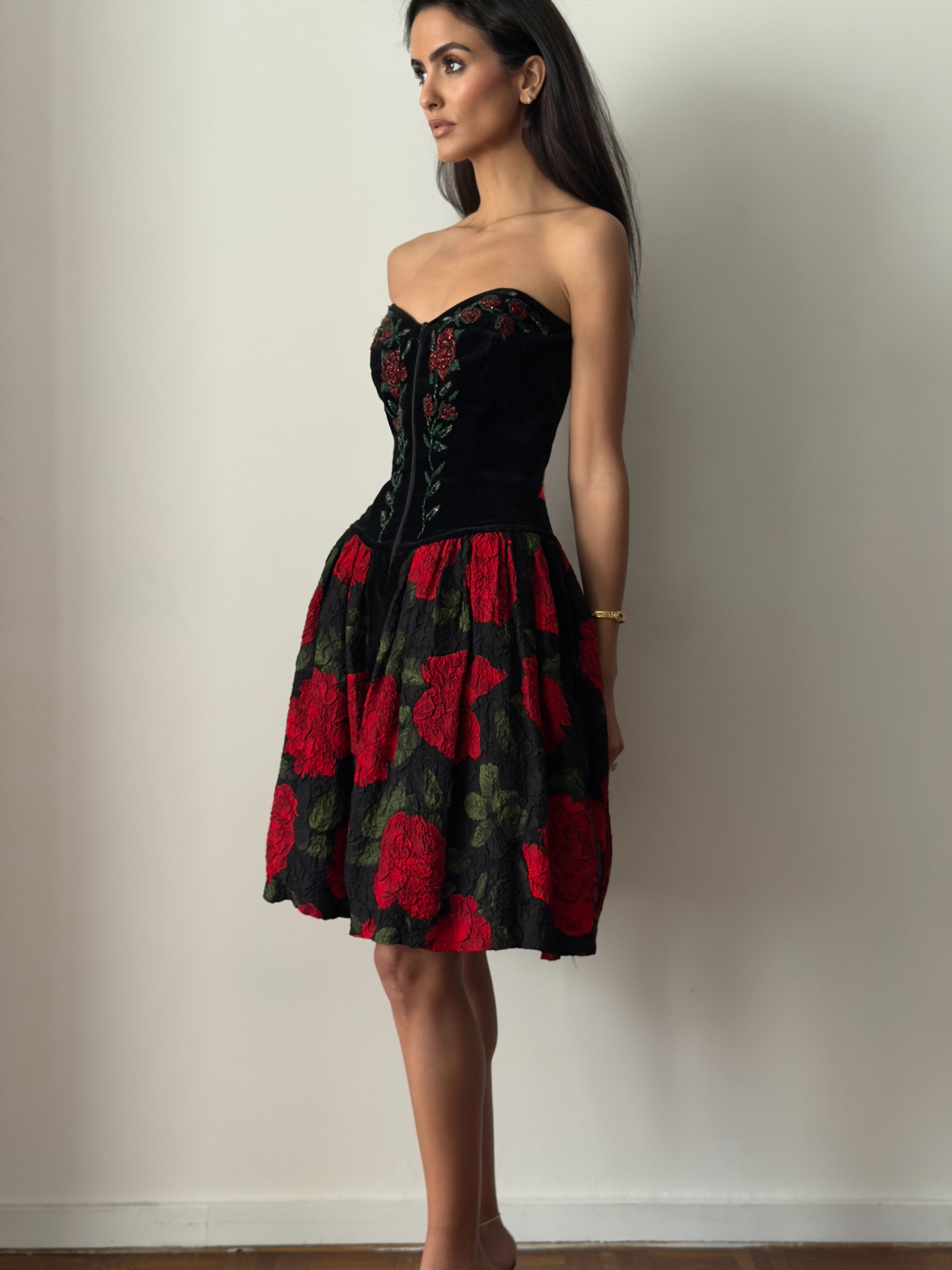 Blumarine FW1991 Black Red Velvet Bustier Dress