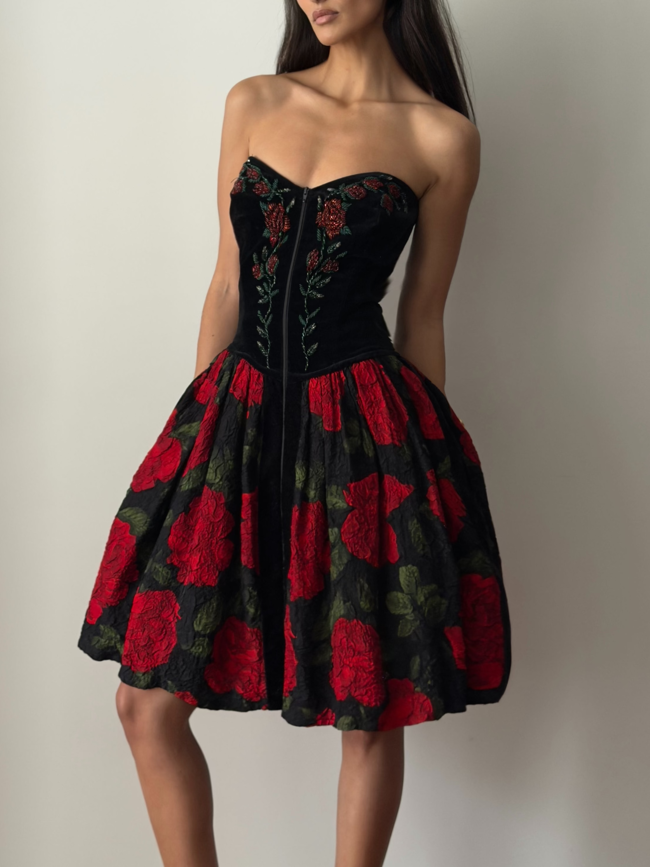 Blumarine FW1991 Black Red Velvet Bustier Dress