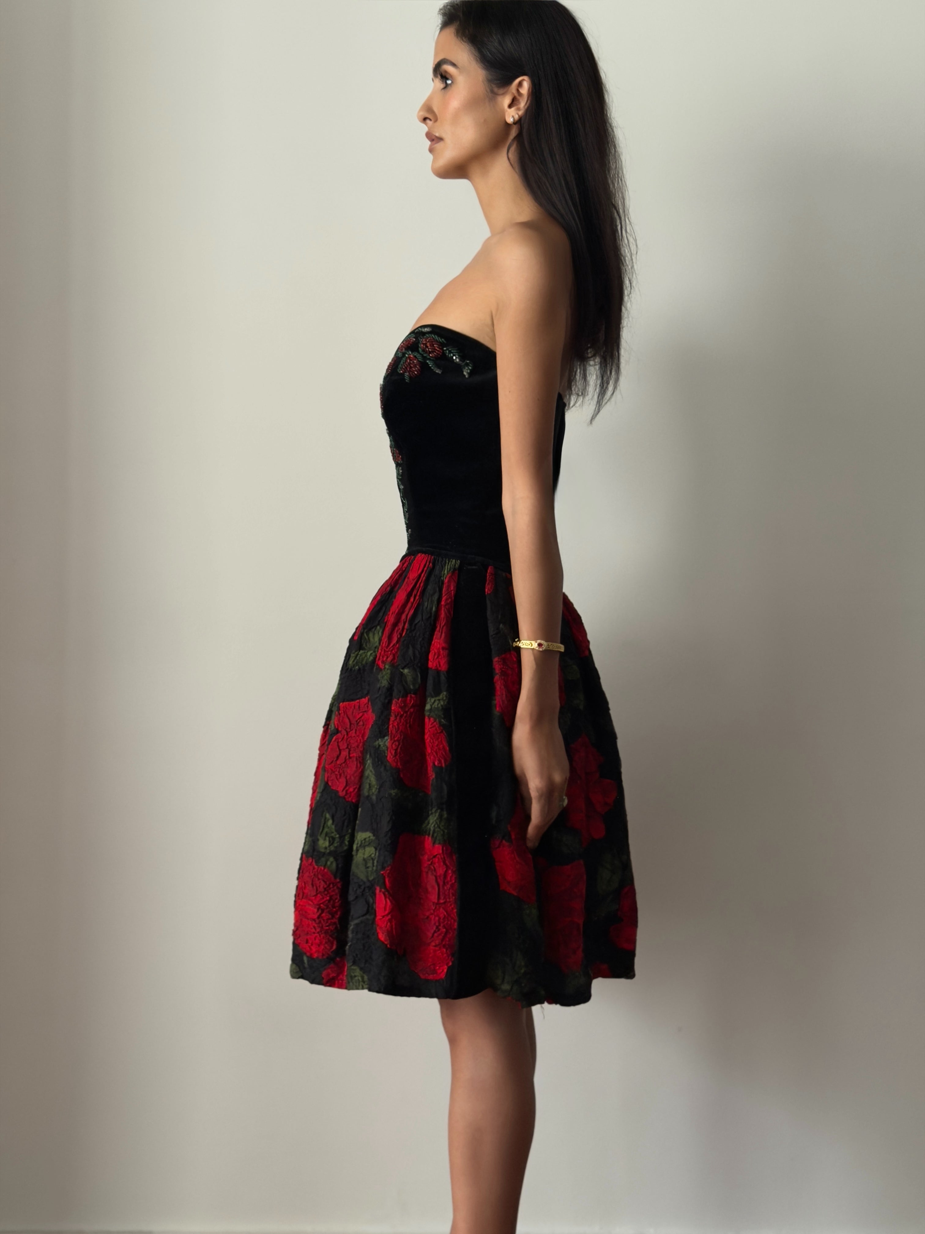 Blumarine FW1991 Black Red Velvet Bustier Dress