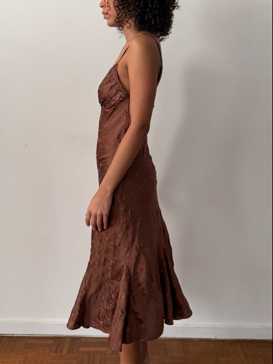 betsey johnson pink ruffle dress Betsey Johnson 1990s Brown Silk Pink Floral Embroidered Midi Dress – Sable Vintage
