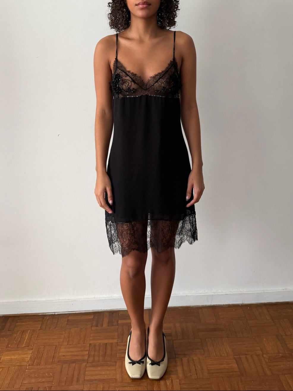 Blumarine SS1998 Black Lace & Floral Embroidered Slip Dress