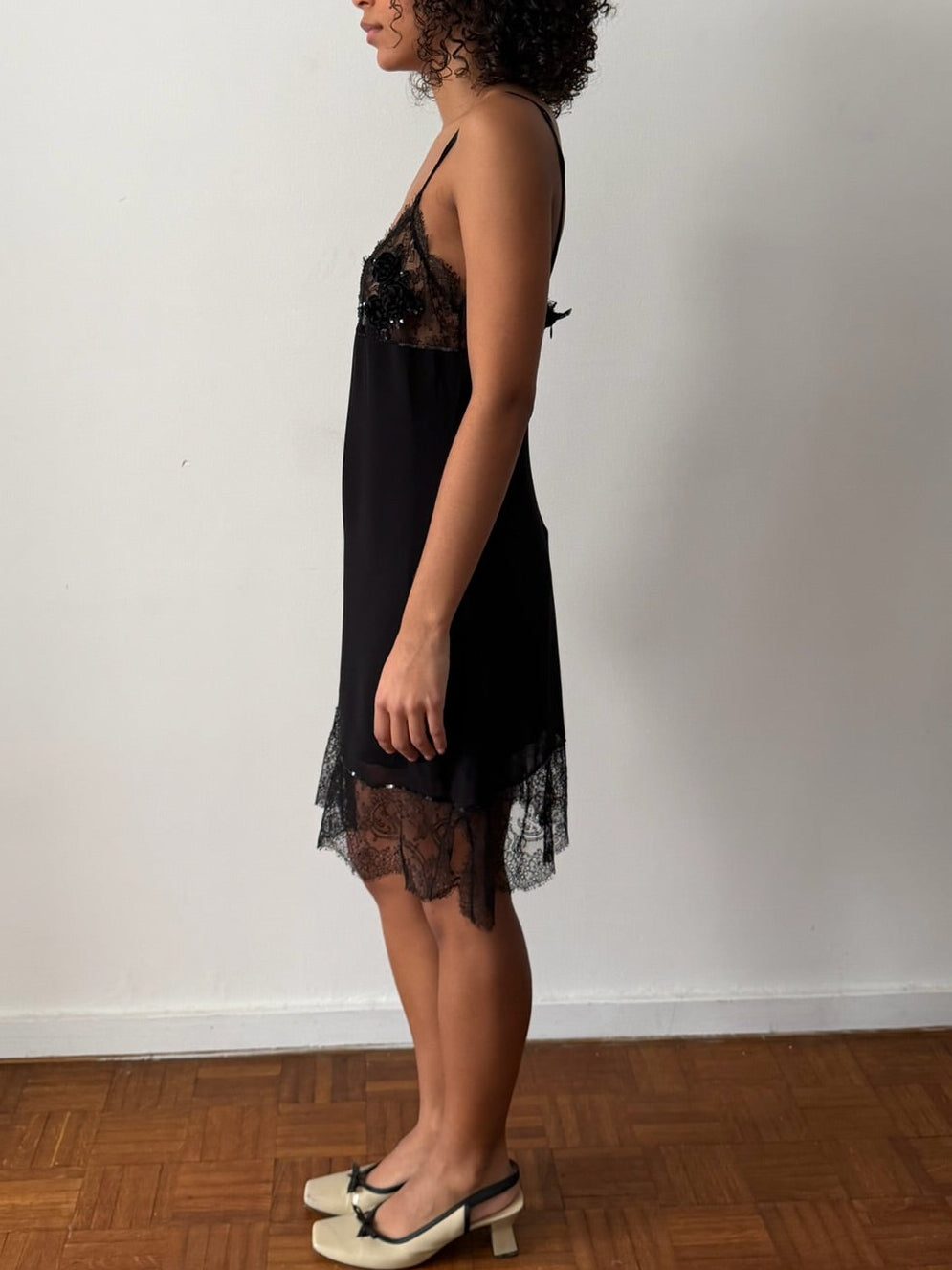 Blumarine SS1998 Black Lace & Floral Embroidered Slip Dress