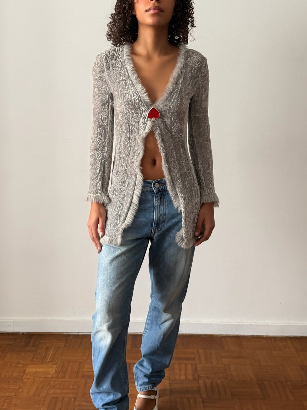 Lolita Lempicka FW1997 Grey Velvet Faux Fur-Trim Cardigan