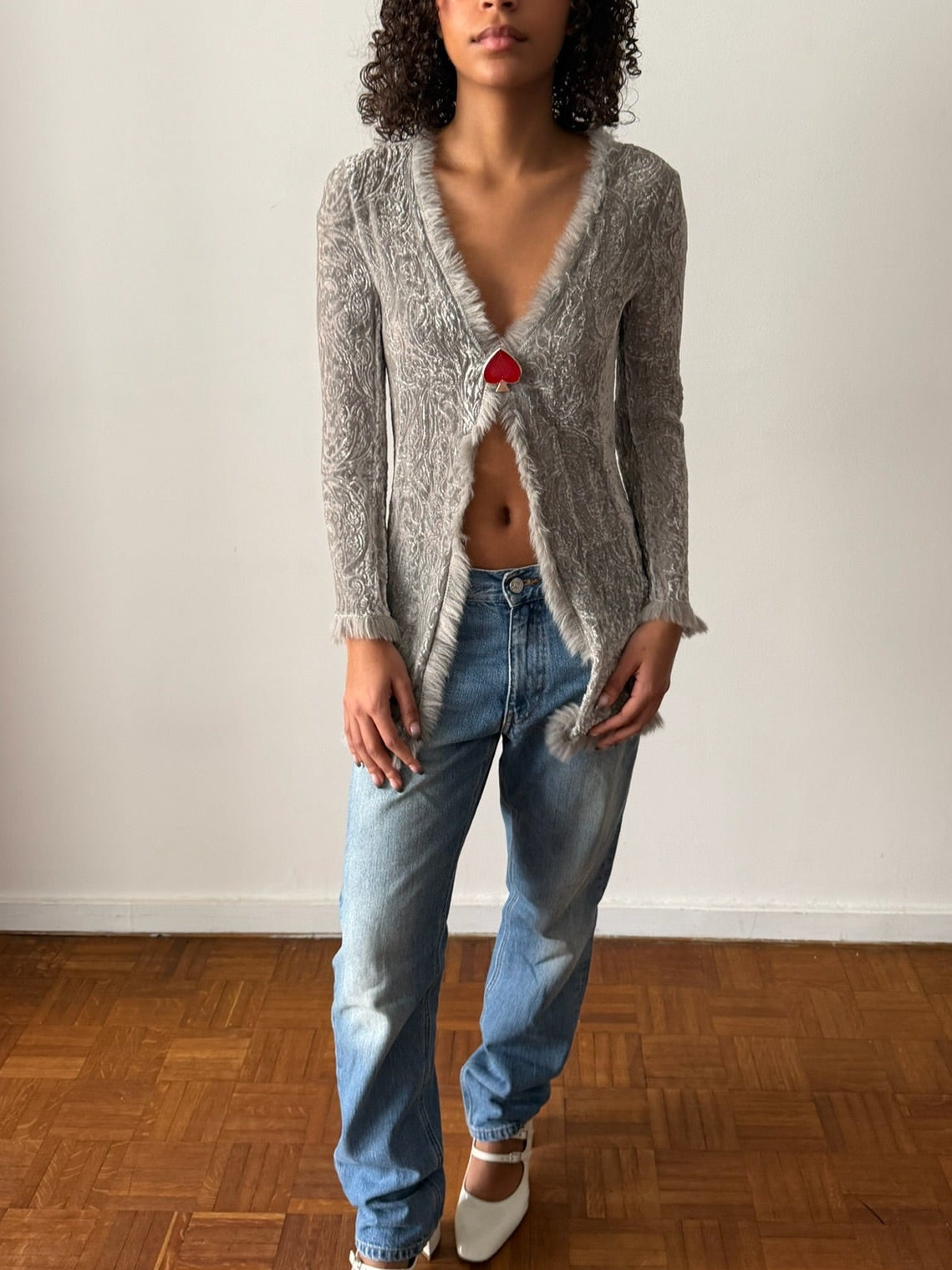 Lolita Lempicka FW1997 Grey Velvet Faux Fur-Trim Cardigan