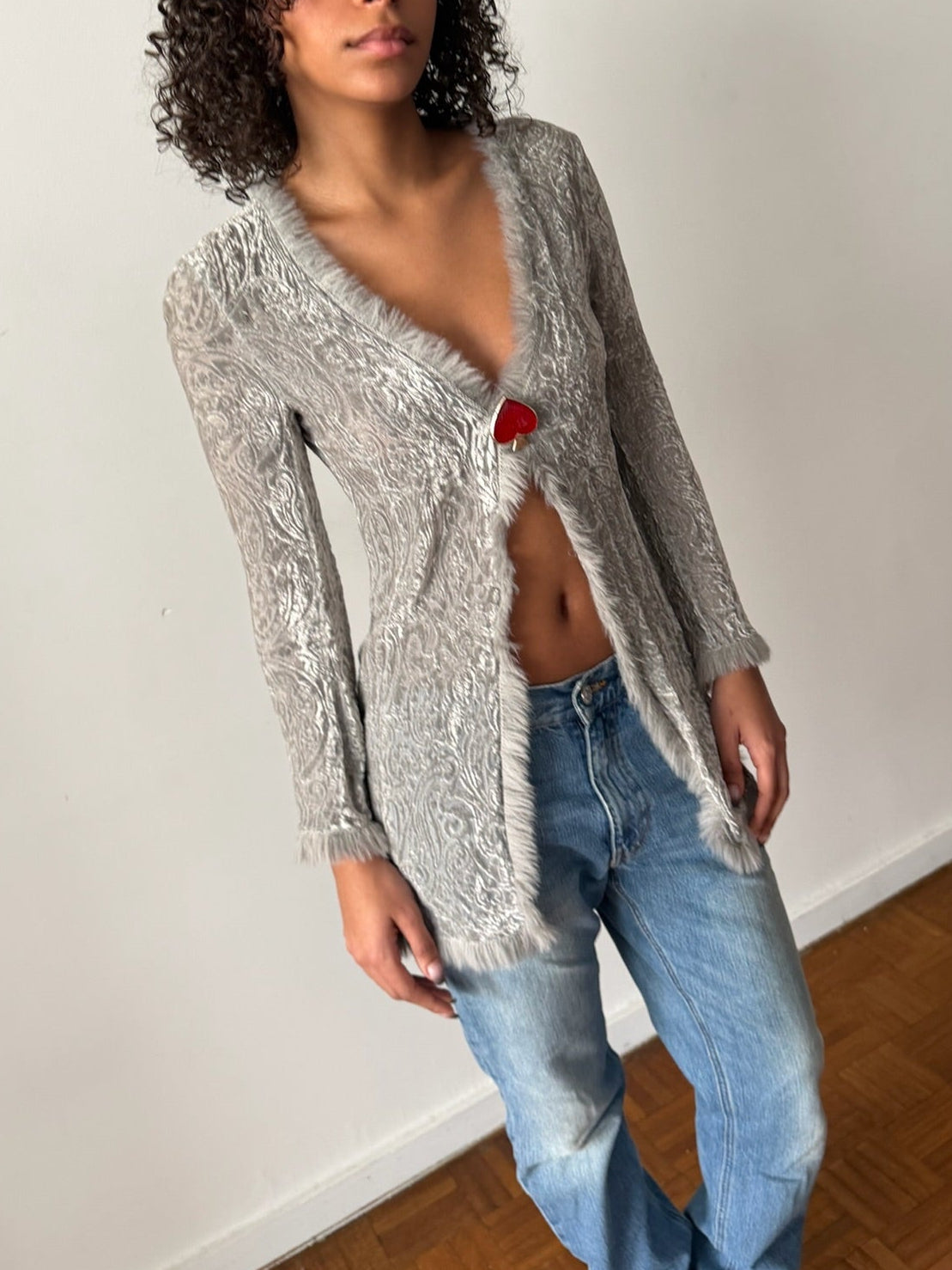 Lolita Lempicka FW1997 Grey Velvet Faux Fur-Trim Cardigan