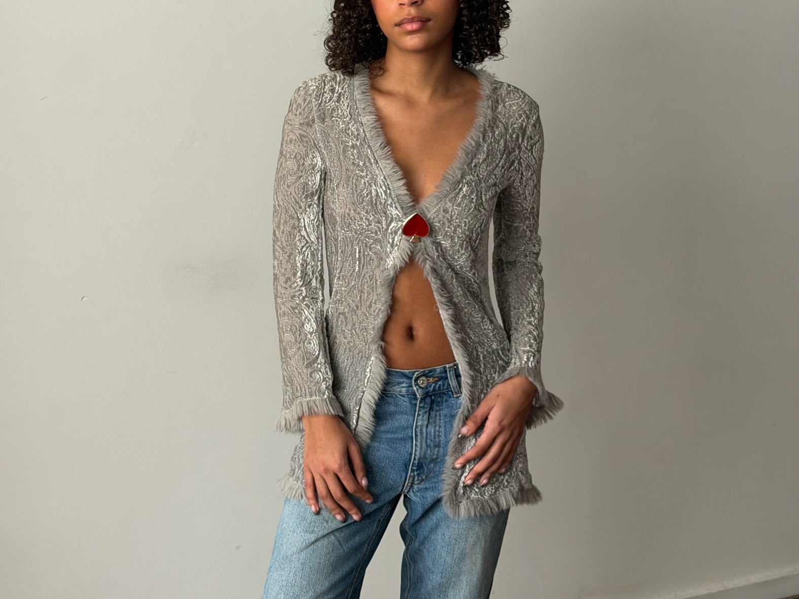 Lolita Lempicka FW1997 Grey Velvet Faux Fur-Trim Cardigan