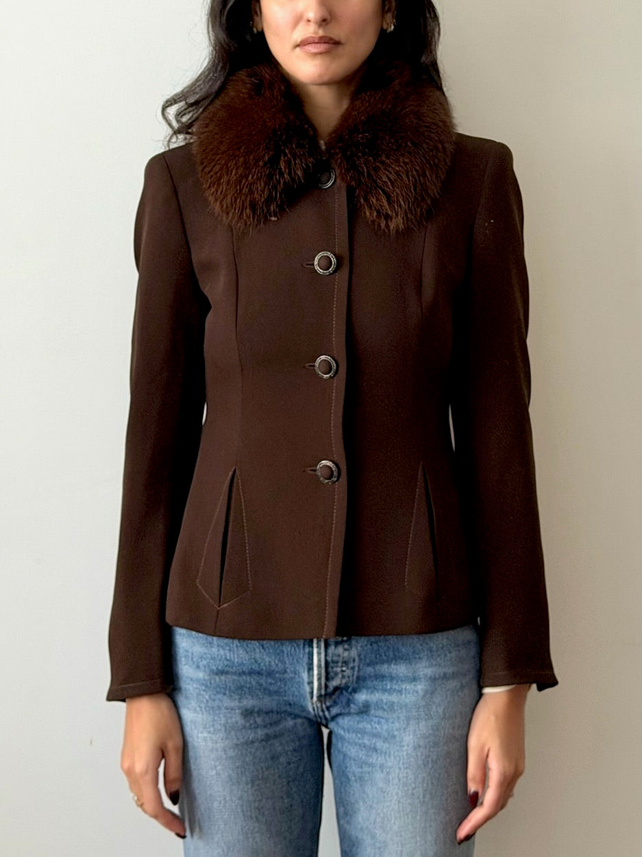 Blumarine FW1996 Brown Wool Fur Collar Jacket