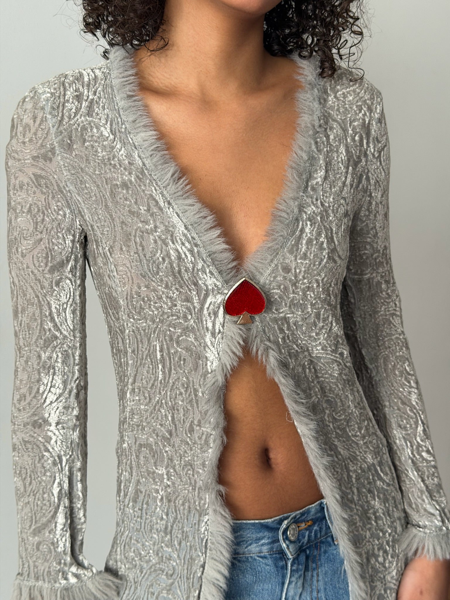 Lolita Lempicka FW1997 Grey Velvet Faux Fur-Trim Cardigan