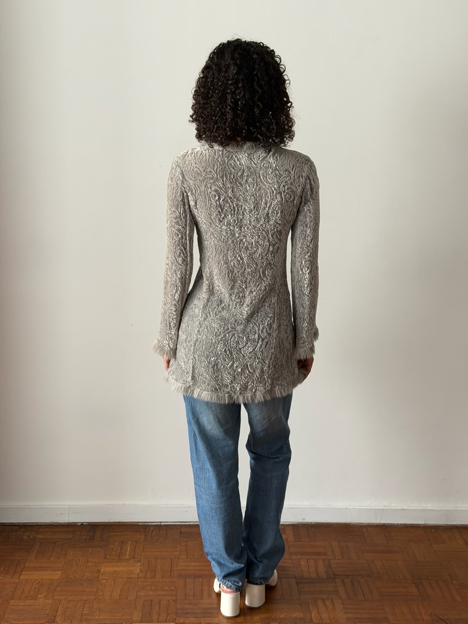 Lolita Lempicka FW1997 Grey Velvet Faux Fur-Trim Cardigan