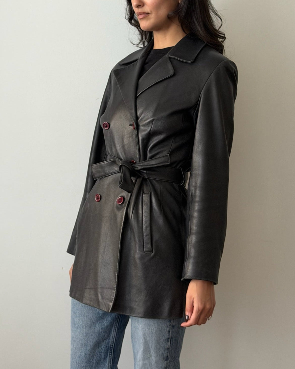 Balmain 1990s Black Leather Belted Jacket