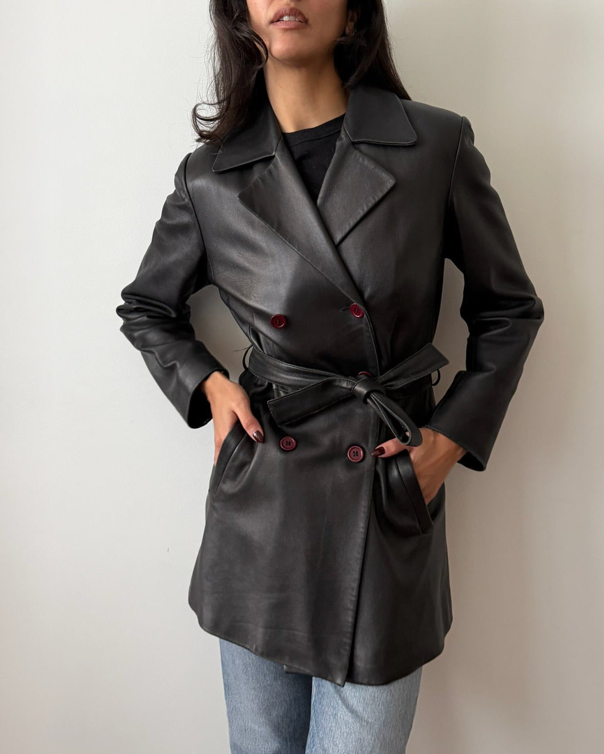 Balmain 1990s Black Leather Belted Jacket