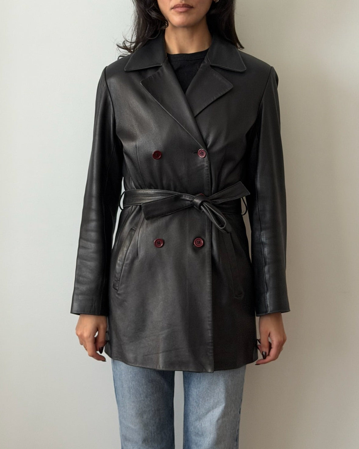 Balmain 1990s Black Leather Belted Jacket