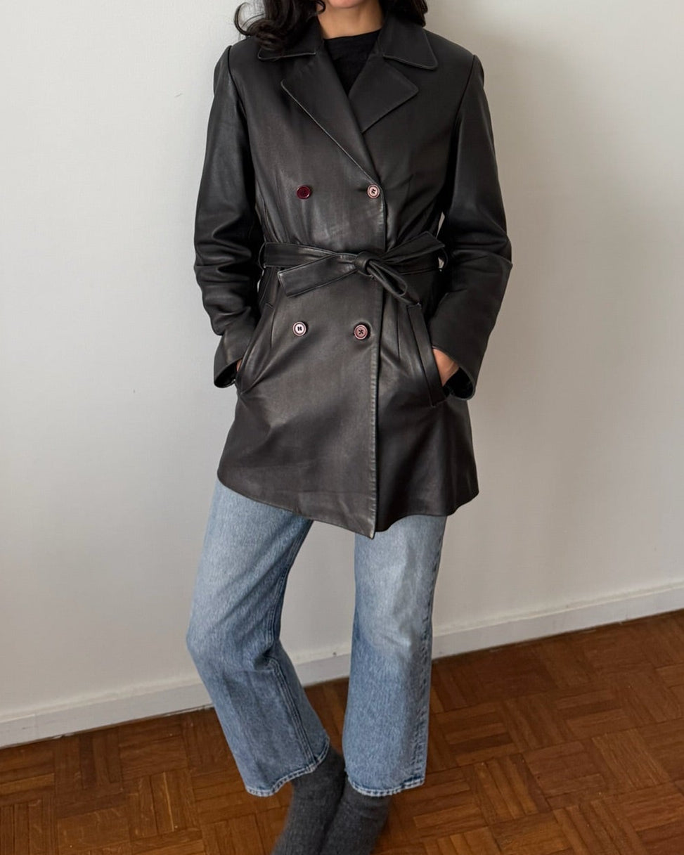 Balmain 1990s Black Leather Belted Jacket