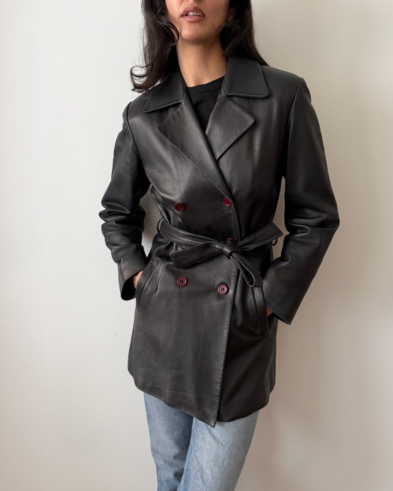 Balmain 1990s Black Leather Belted Jacket