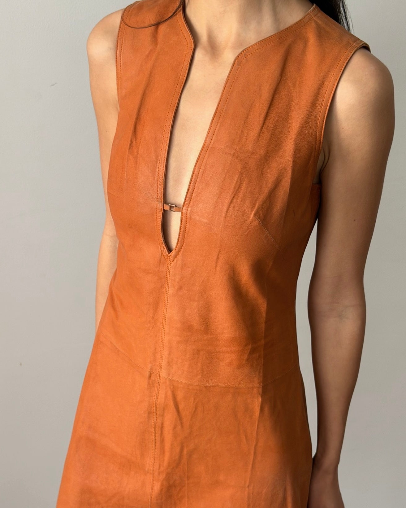 knee length dresses for ladies Orange Leather Pleated Mini Dress main image 1