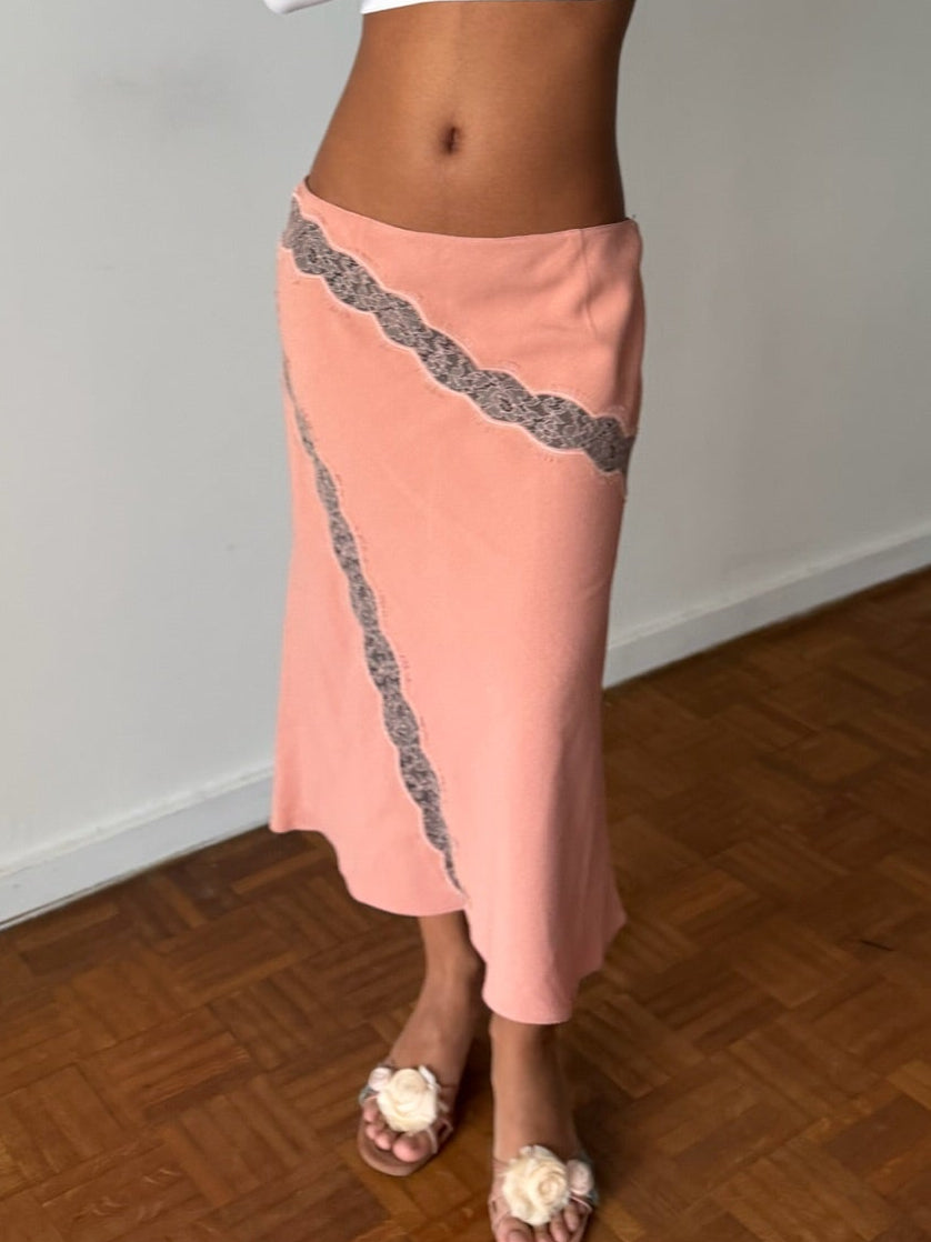 Blumarine 2000s Salmon Lace-Trim Midi Skirt