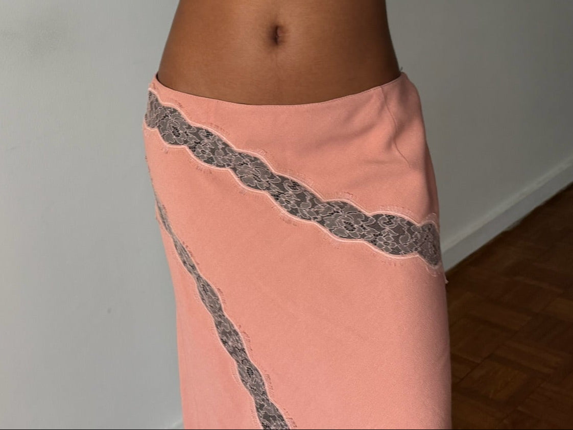 Blumarine 2000s Salmon Lace-Trim Midi Skirt