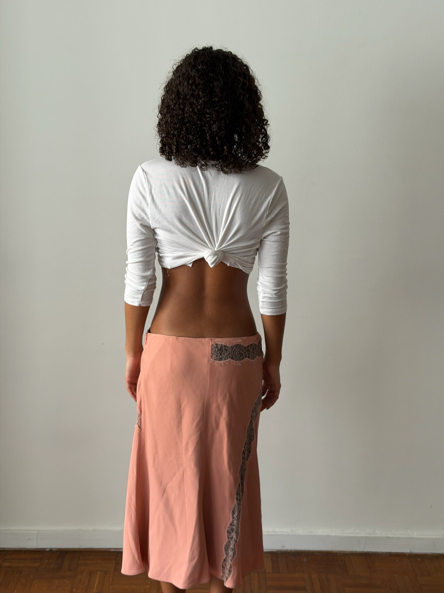 Blumarine 2000s Salmon Lace-Trim Midi Skirt