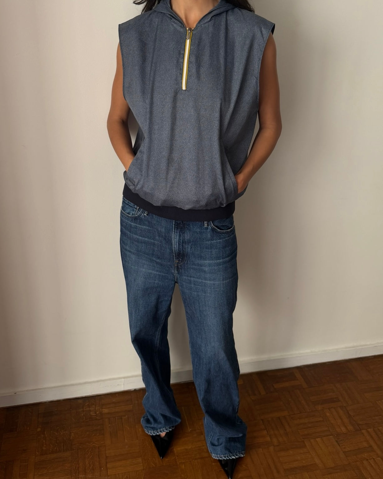 Miu Miu SS1999 Sleeveless Hooded Top Blue Grey | Vintage Archive