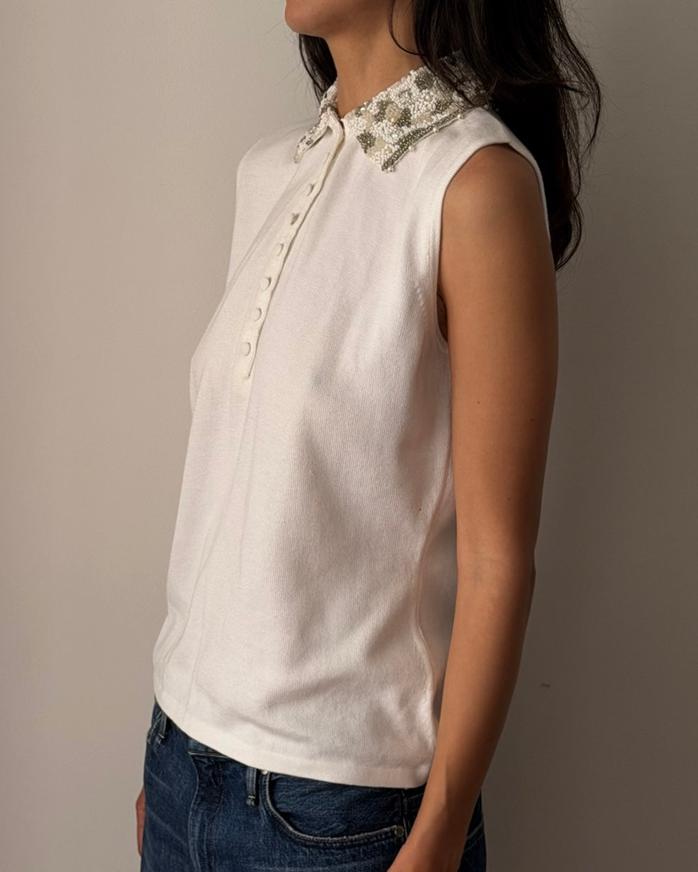 Blumarine FW1991 Beaded Collar Knit Top – White