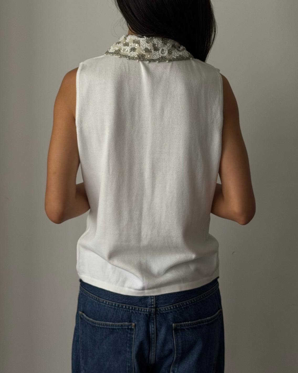 Blumarine FW1991 Beaded Collar Knit Top – White