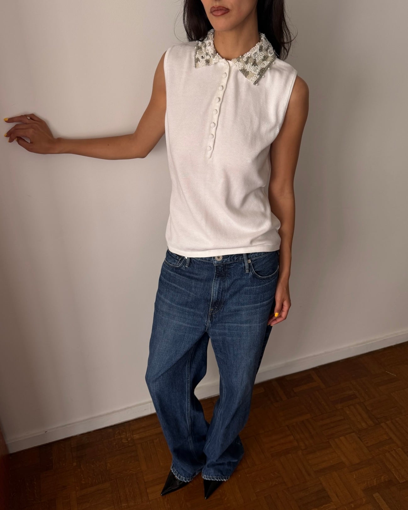 Blumarine FW1991 Beaded Collar Knit Top – White
