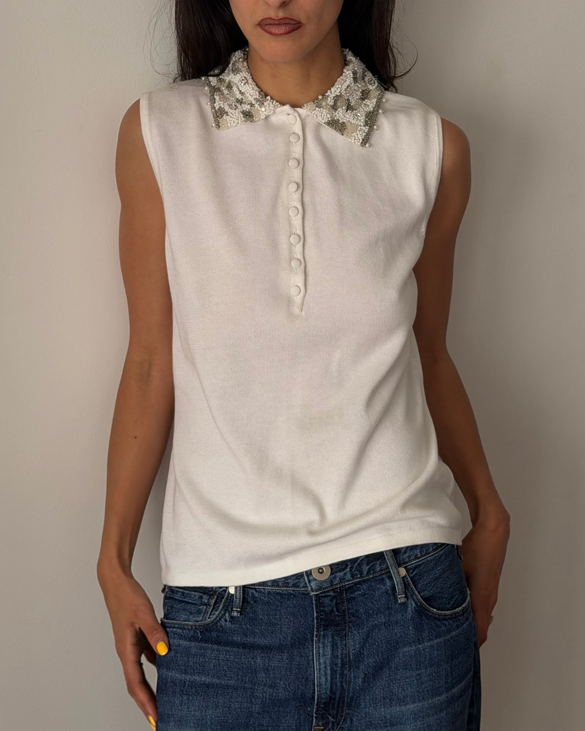 Blumarine FW1991 Beaded Collar Knit Top – White