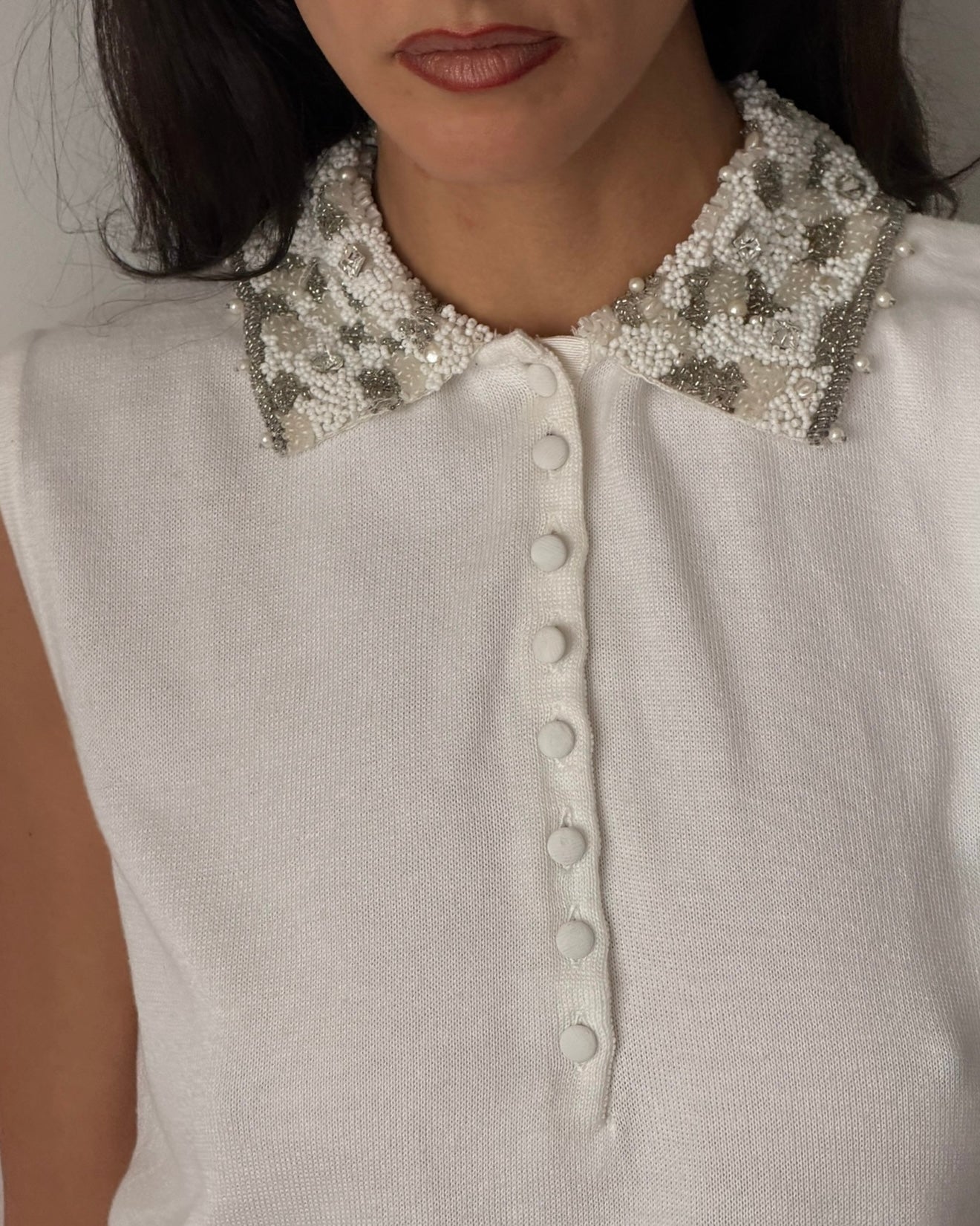 Blumarine FW1991 Beaded Collar Knit Top – White