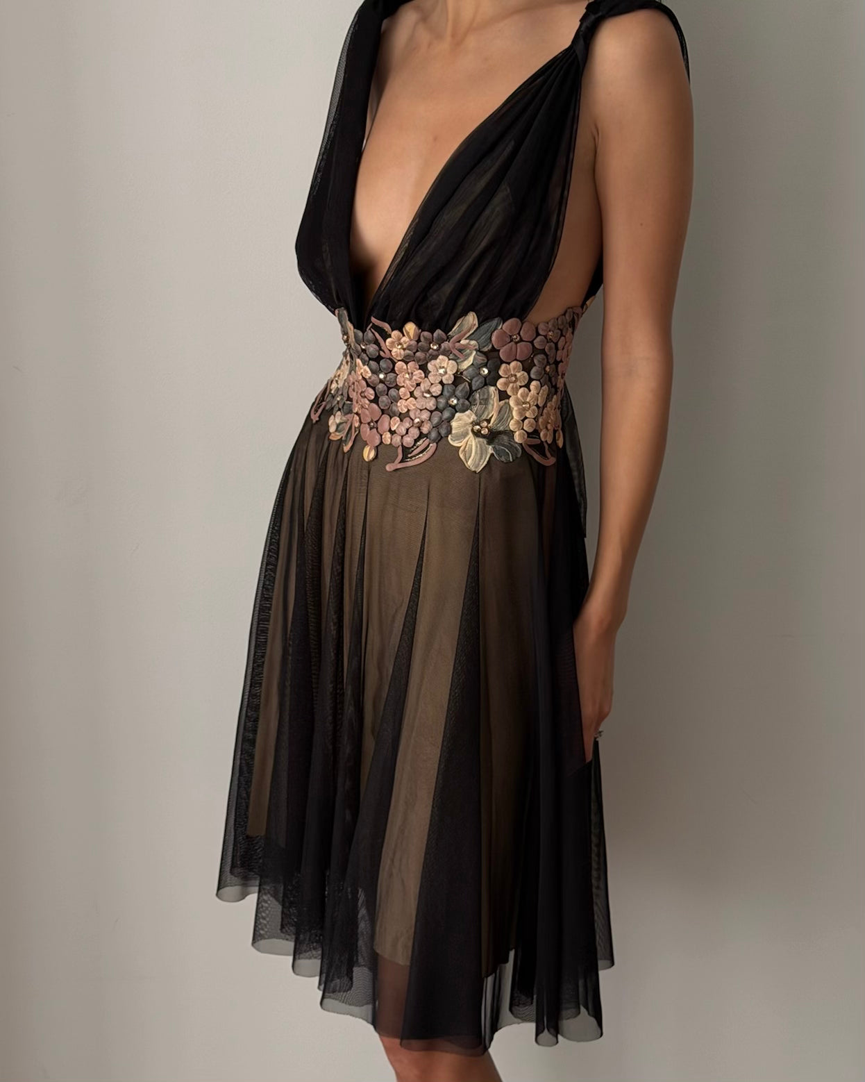 Ema Savahl Couture Early 2000s Floral Mesh Dress
