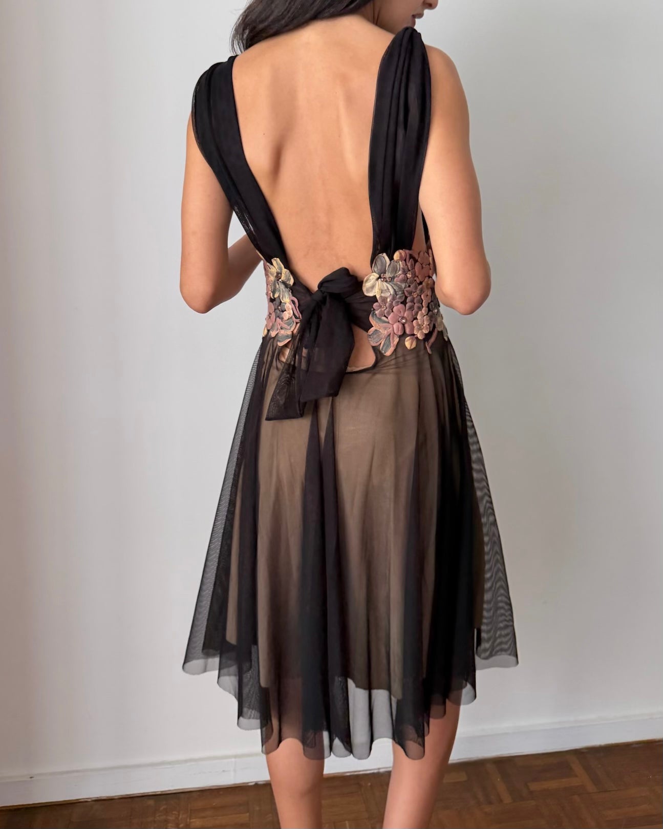 Ema Savahl Couture Floral Mesh Dress – Hand-Painted Y2K Archival Piece – Sable Vintage