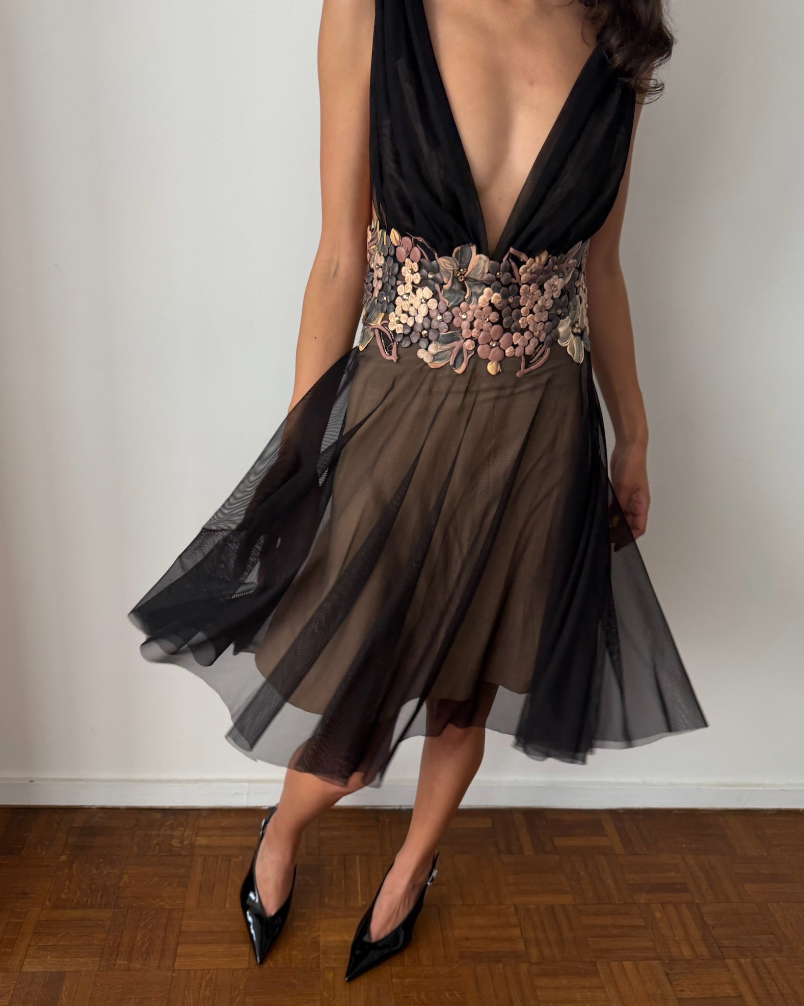 Ema Savahl Couture Early 2000s Floral Mesh Dress