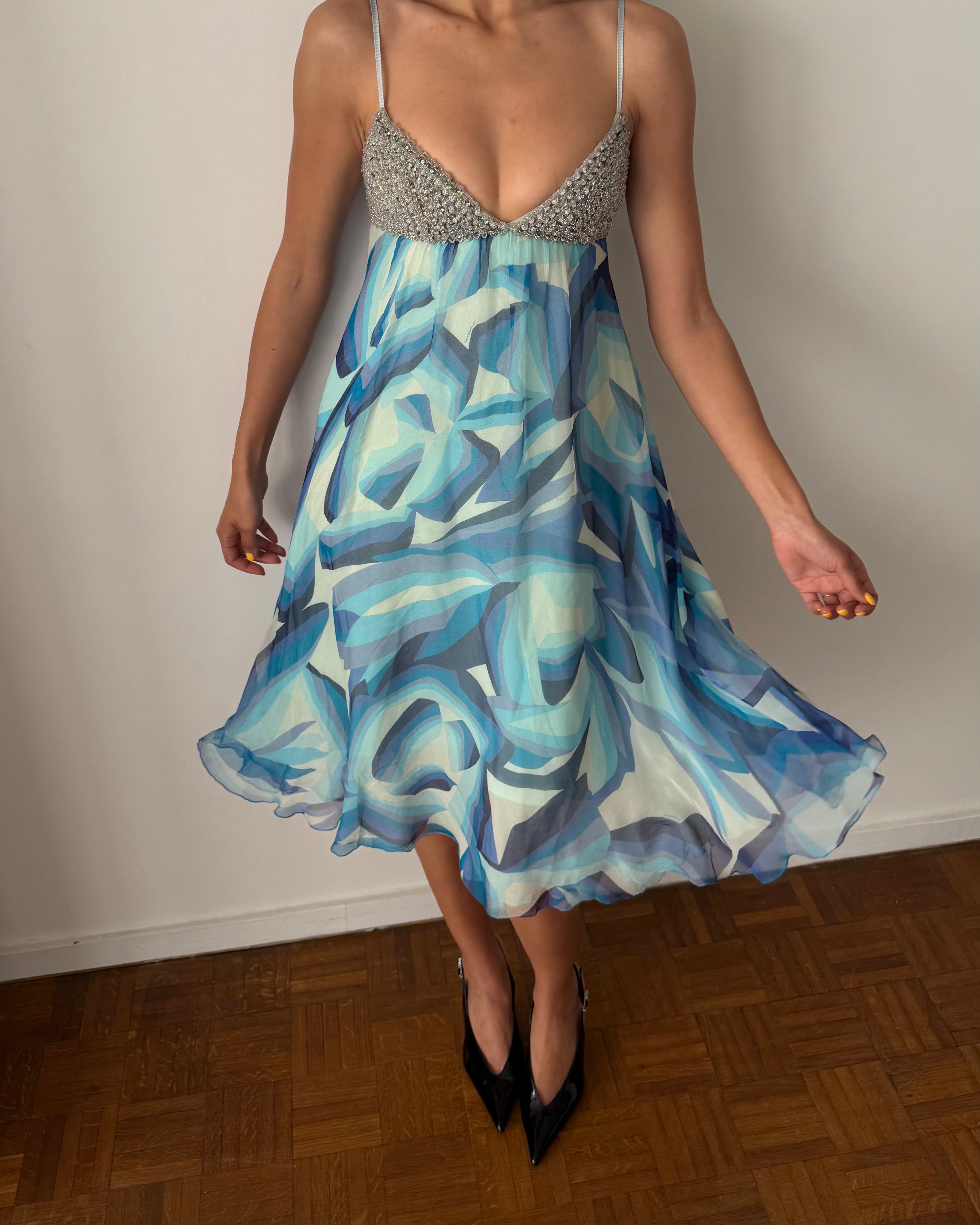 Missoni SS2006 Beaded Silk Slip Dress – Blue Abstract Print