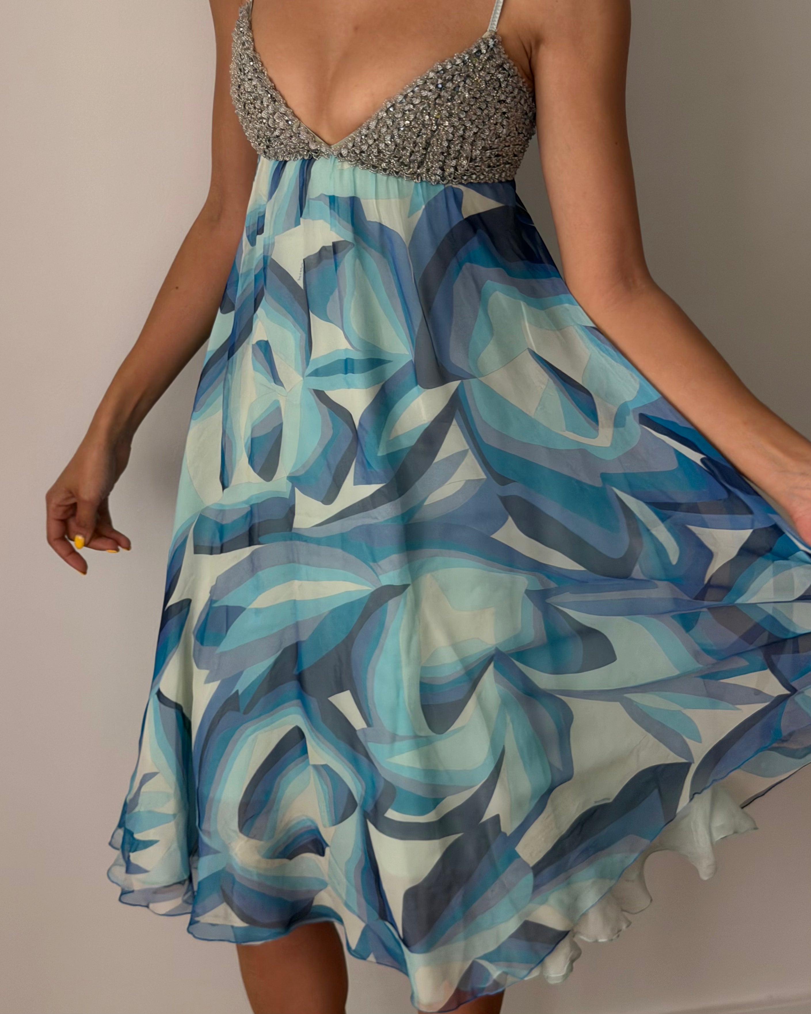 Missoni SS2006 Beaded Silk Slip Dress – Blue Abstract Print