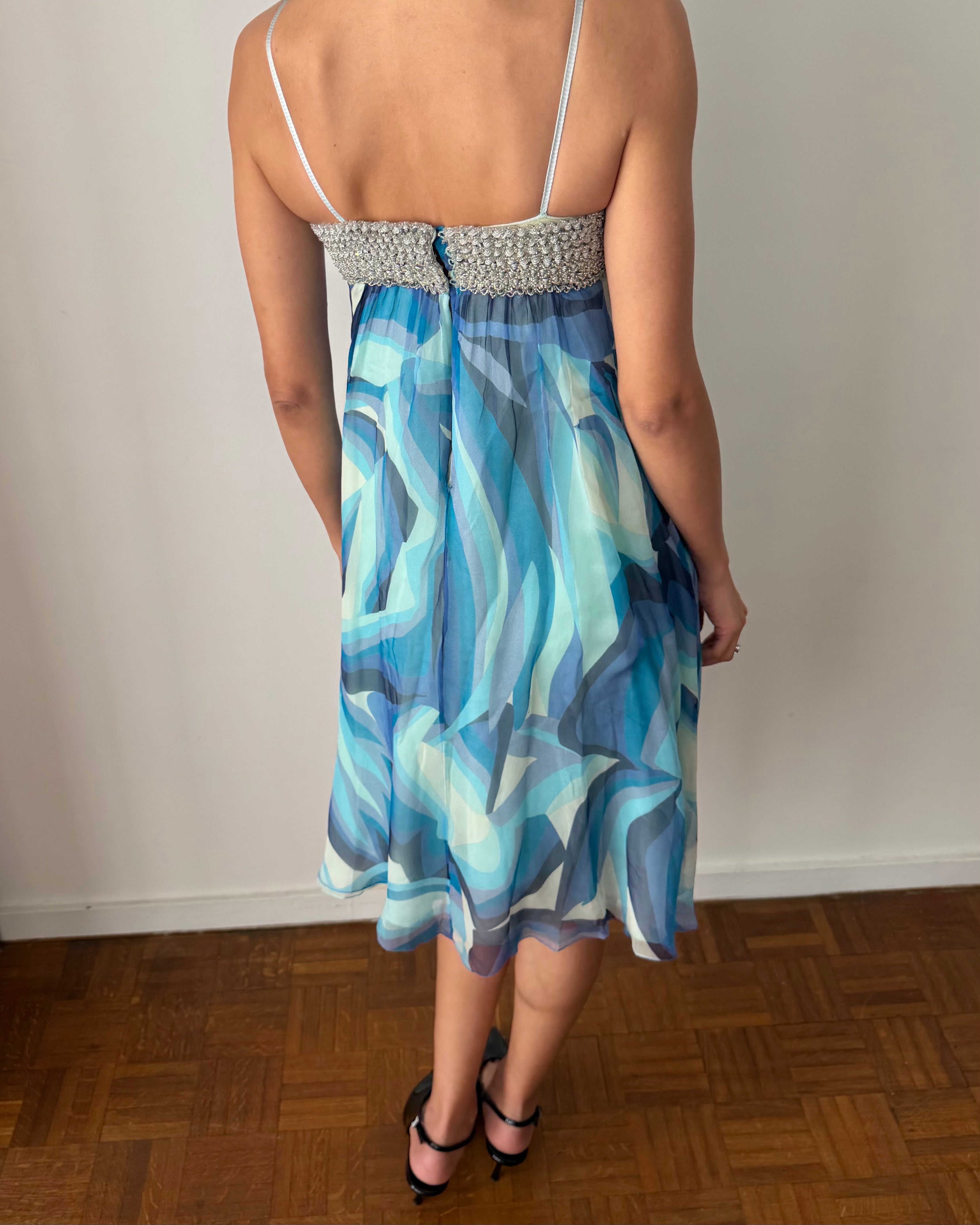 Missoni SS2006 Beaded Silk Slip Dress – Blue Abstract Print