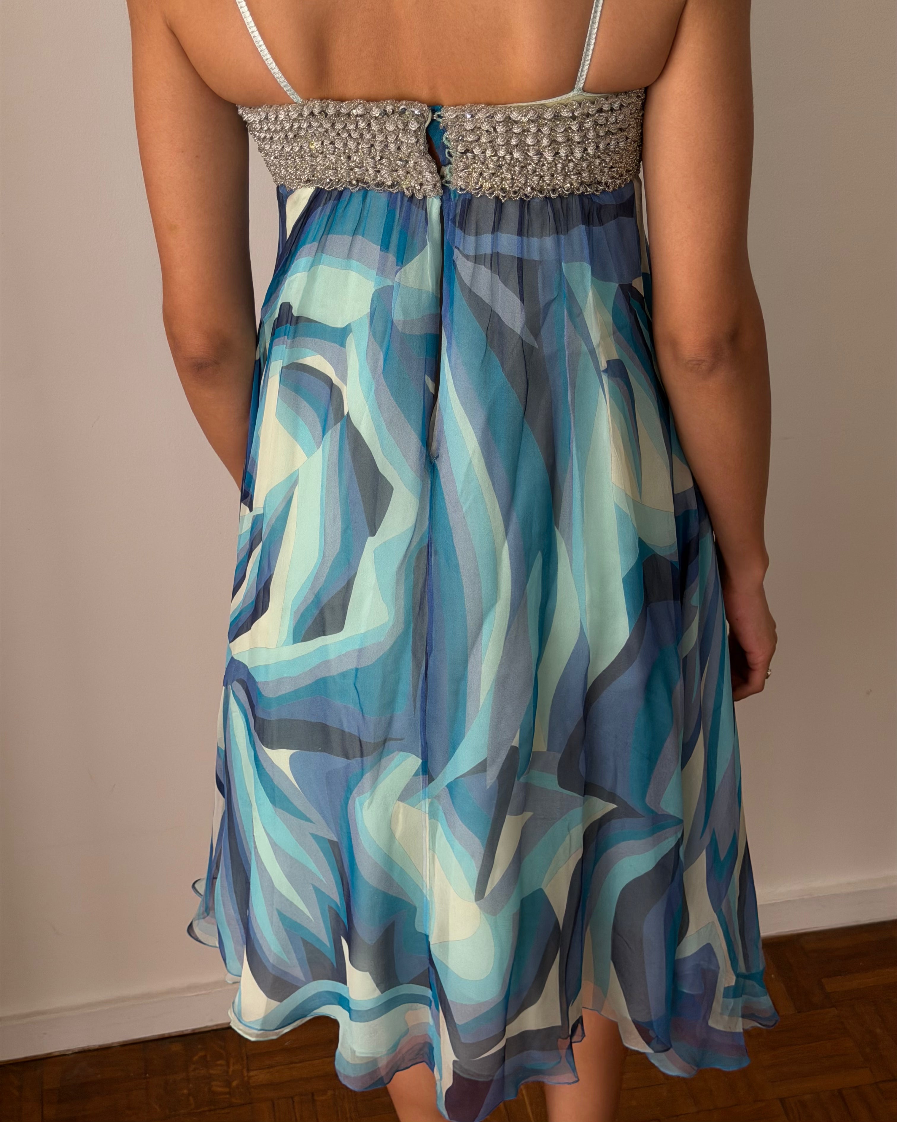 Missoni SS2006 Beaded Silk Slip Dress – Blue Abstract Print