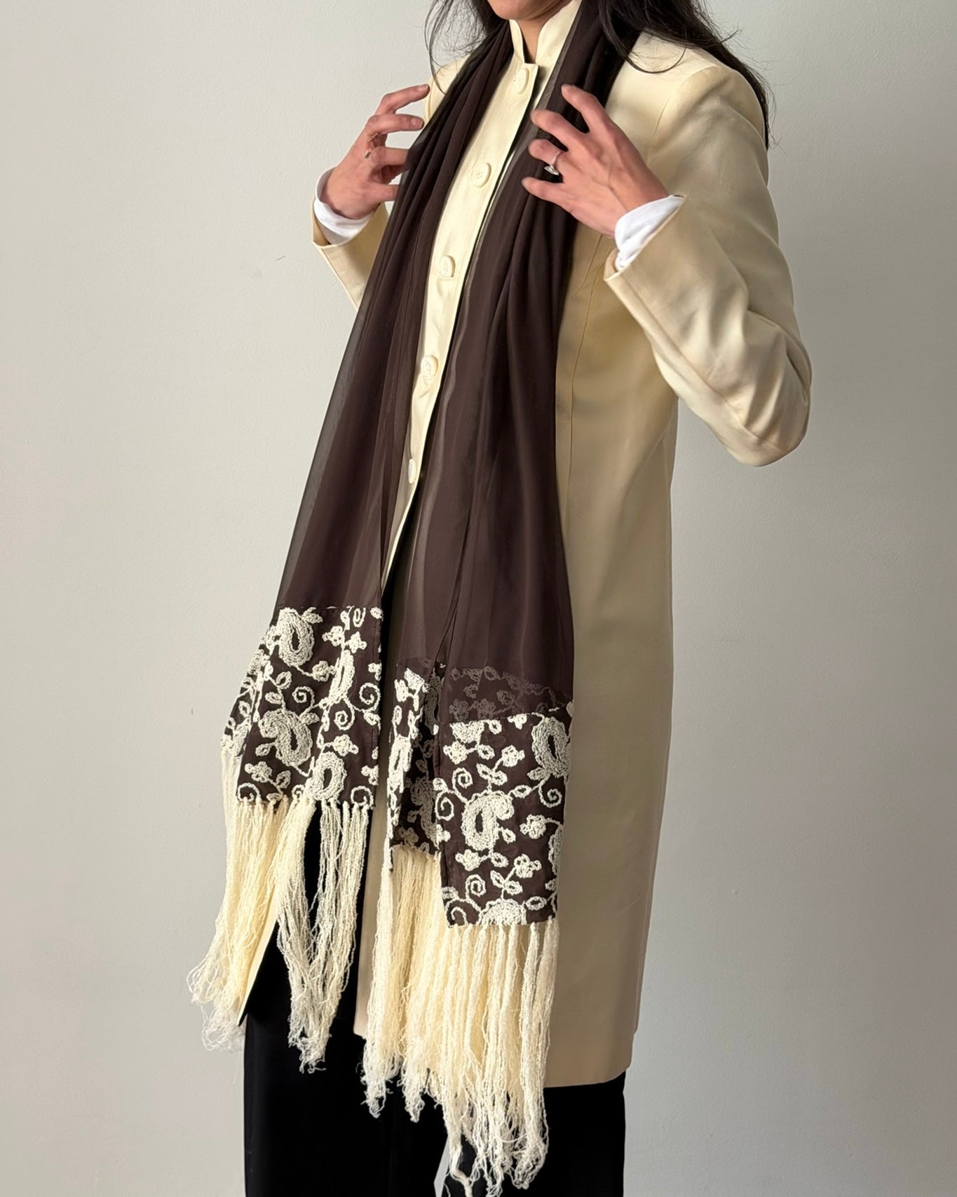 Giorgio Armani 1990s Silk Chiffon Embroidered Scarf