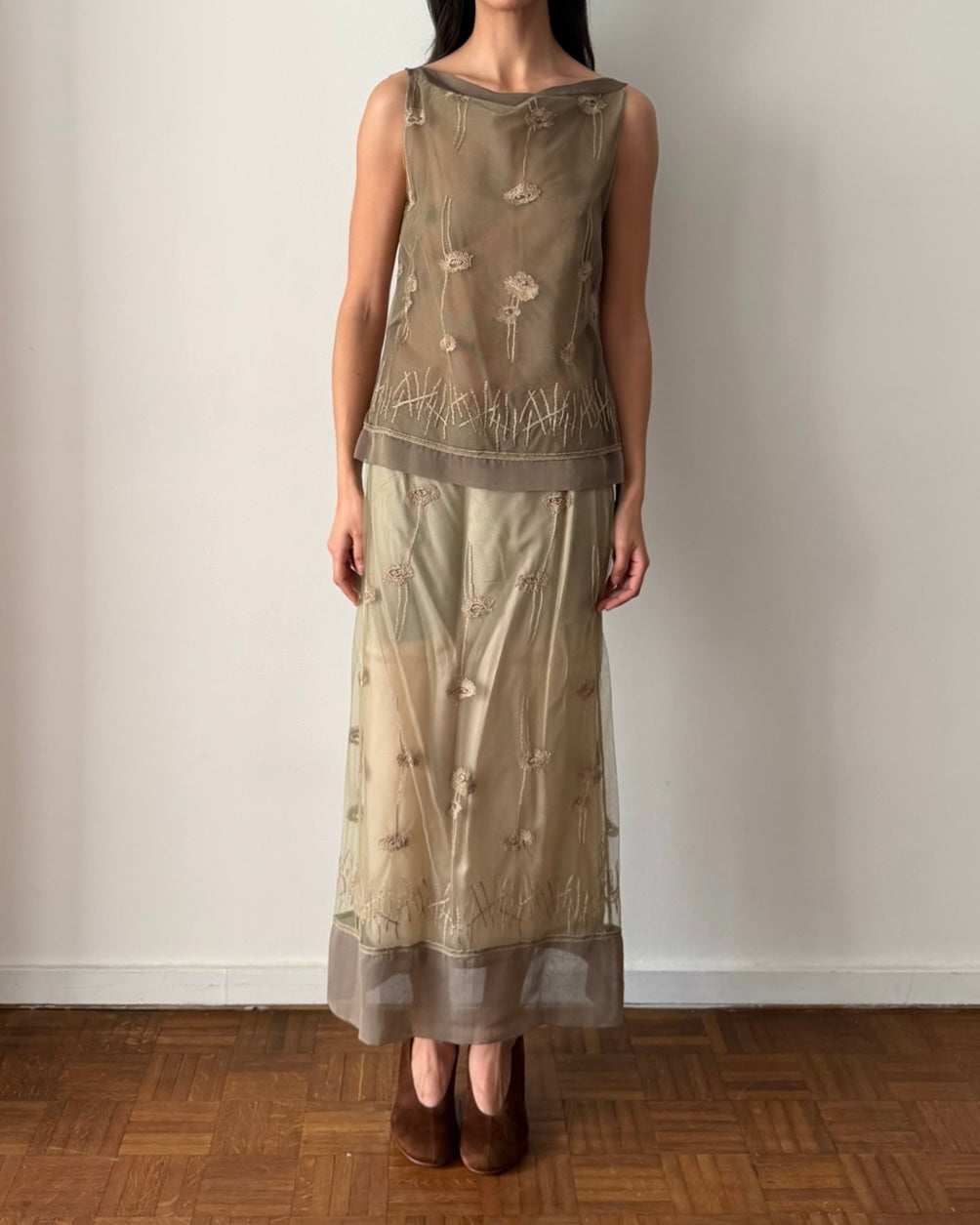 Alberta Ferretti SS1998 Sheer Embroidered Two-Piece Set – Neutral