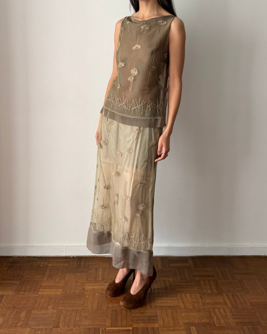 Alberta Ferretti SS1998 Sheer Embroidered Two-Piece Set – Neutral