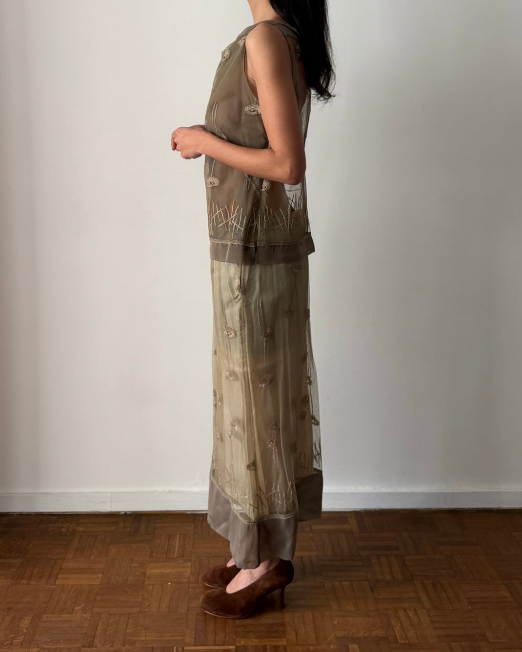 Alberta Ferretti SS1998 Sheer Embroidered Two-Piece Set – Neutral