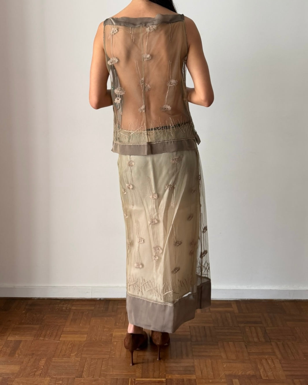 Alberta Ferretti SS1998 Sheer Embroidered Two-Piece Set – Neutral