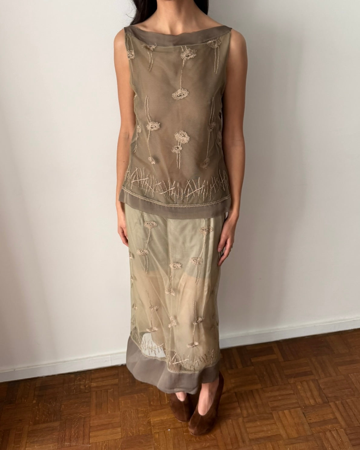 Alberta Ferretti SS1998 Sheer Embroidered Two-Piece Set – Neutral
