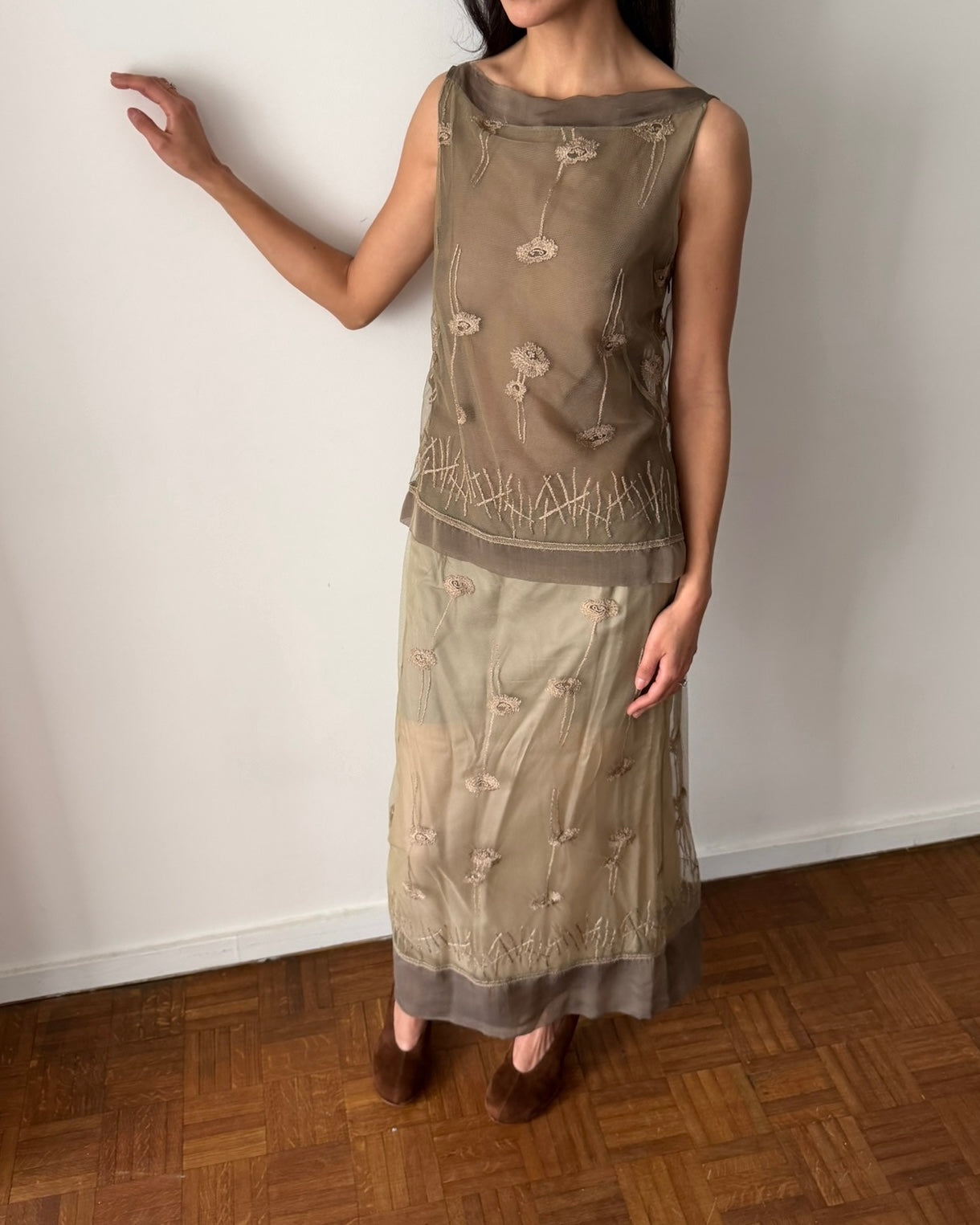 Alberta Ferretti SS1998 Sheer Embroidered Two-Piece Set – Neutral