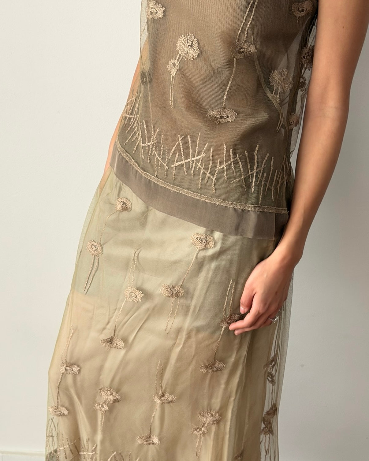 Alberta Ferretti SS1998 Sheer Embroidered Two-Piece Set – Neutral