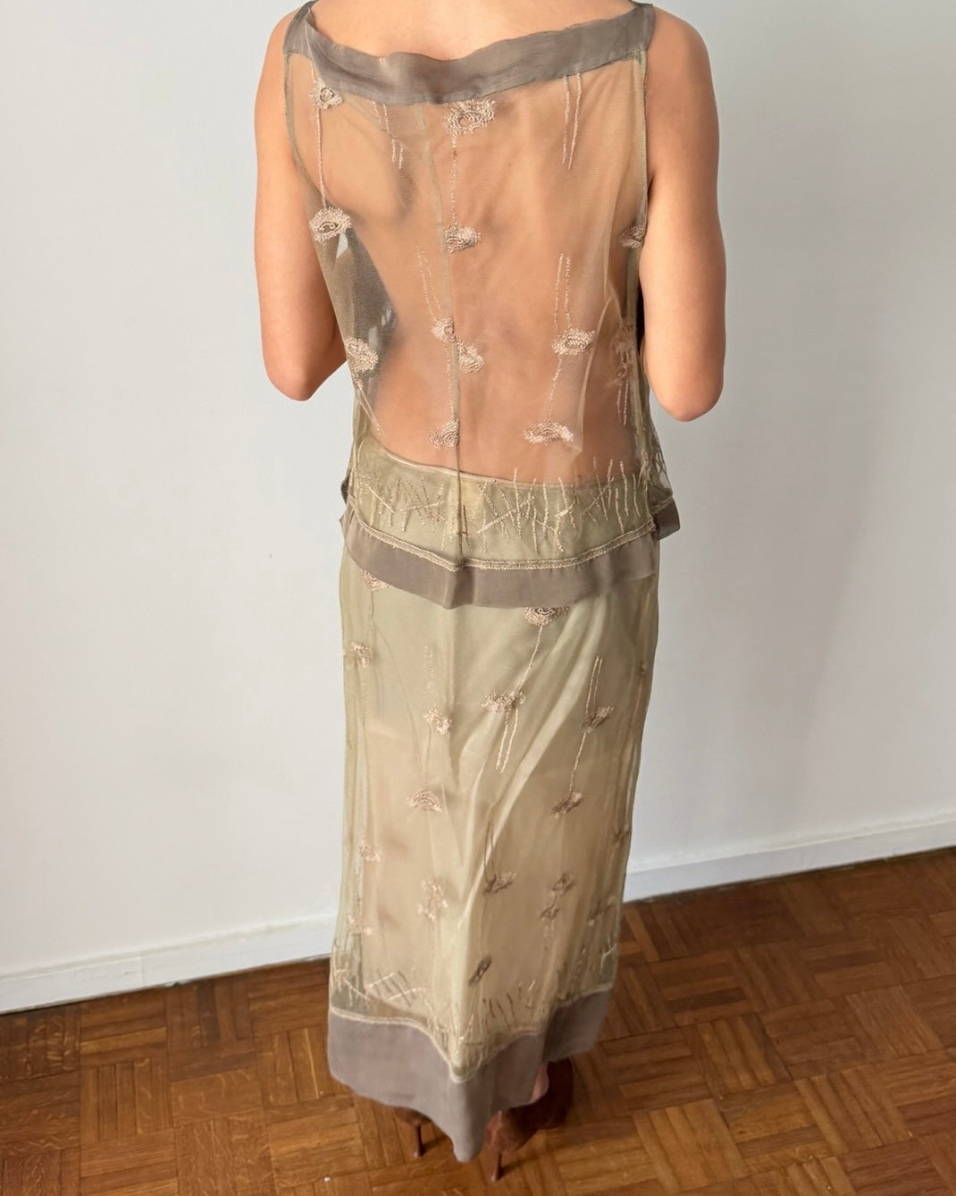 Alberta Ferretti SS1998 Sheer Embroidered Two-Piece Set – Neutral