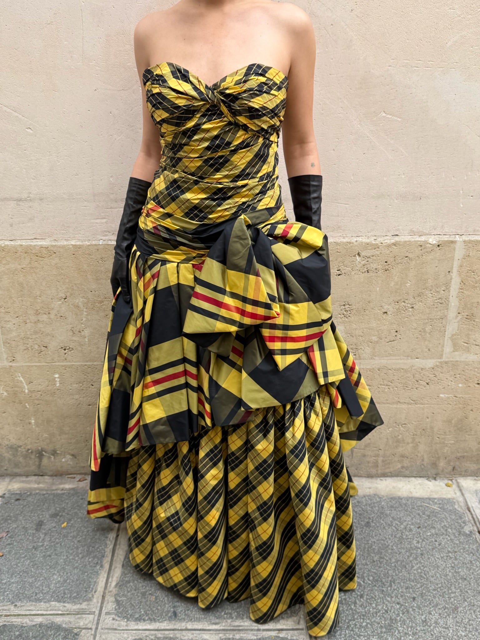 silk tartan evening dress Tartan Strapless Gown in Red