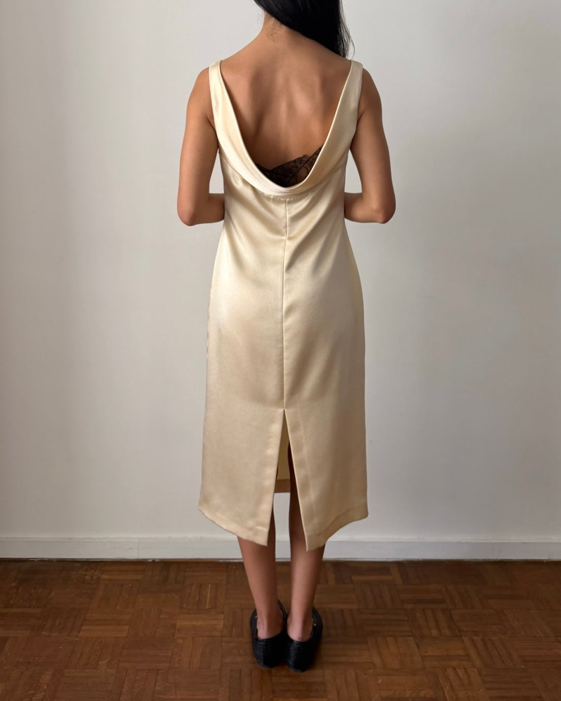 Blumarine FW1998 Satin Cowl-Back Midi Dress  Archival Cream Satin | Sable  Vintage
